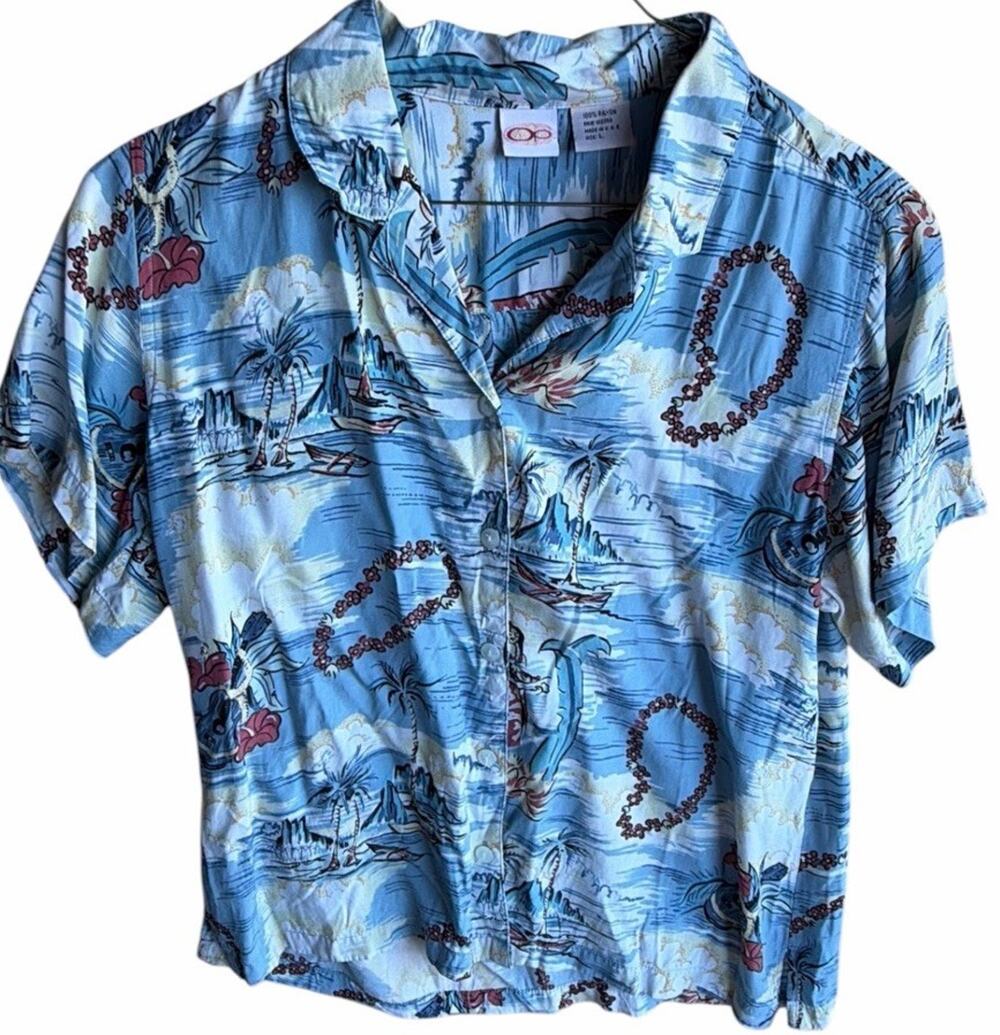 Vintage OP Ocean Pacific Shirt Large Womens Blue Hawaiian Aloha 90s UAE Made